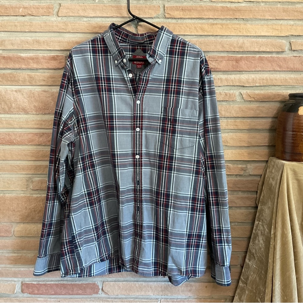Men’s Long Sleeve Plaid Cotton Shirt XXL